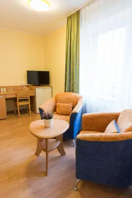 a living room with a couch and a table at Hotel Vita in Druskininkai