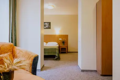 a hotel room with a bed and a couch at Hotel Vita in Druskininkai