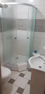 a bathroom with a shower and a toilet and a sink at Girelės apartamentai in Kaišiadorys
