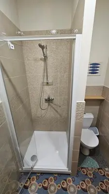 a shower stall in a bathroom with a toilet at Nileja in Vilnius