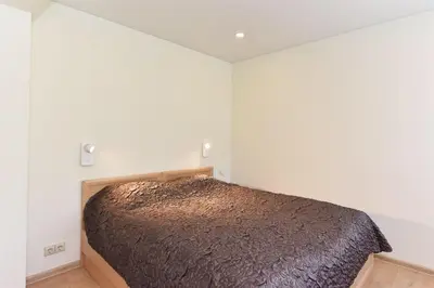 a bedroom with a bed in a white room at Crystal Apartment in Druskininkai
