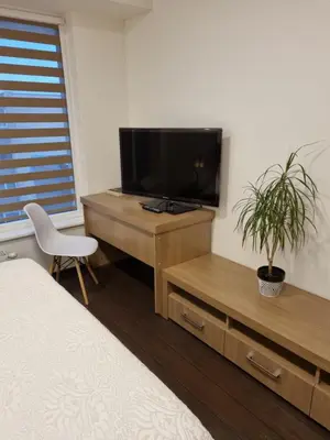 a bedroom with a bed and a tv and a desk at Barbora apartament in Druskininkai