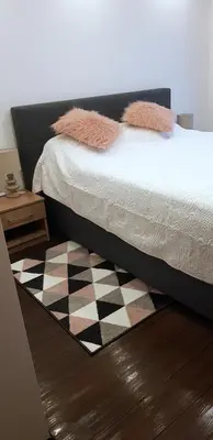 a bedroom with a bed and a checkered rug at Barbora apartament in Druskininkai