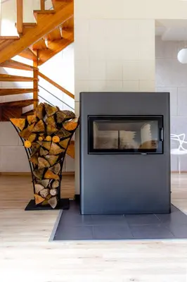 a fireplace in a living room with a stone wall at Aušra in Druskininkai