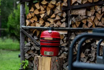 a red fire hydrant sitting on a stump next to a pile of wood at Aušra in Druskininkai