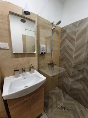 a bathroom with a sink and a shower with a mirror at Oak house apartments in Kaunas