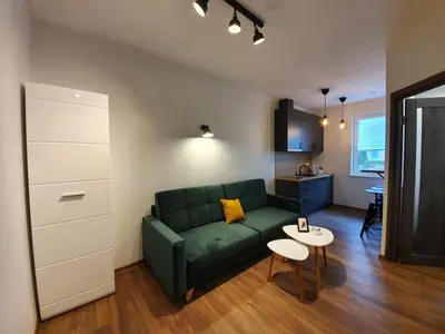 a living room with a green couch and a table at Oak house apartments in Kaunas