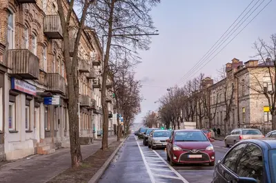 a row of cars parked on a city street at Cozy Naugarduko Apartments Close to Vilnius Old Town in Vilnius