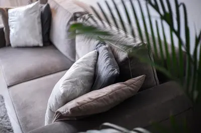 a couch with pillows on it with a plant at Cozy Naugarduko Apartments Close to Vilnius Old Town in Vilnius