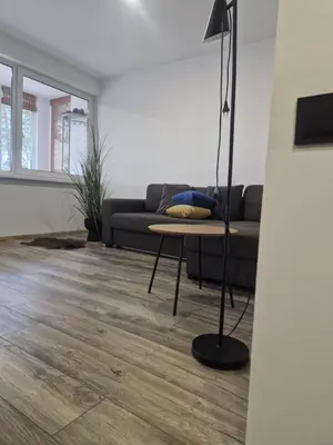 a living room with a couch and a table at VK Duplex Apartment in Druskininkai