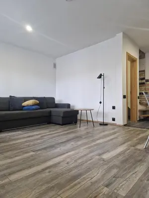 a living room with a couch and a table at VK Duplex Apartment in Druskininkai