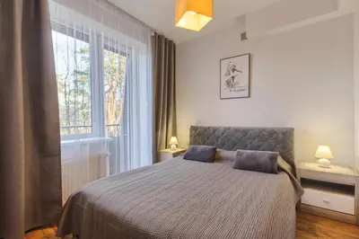 a bedroom with a bed and a large window at Akva Apartament 1 in Druskininkai
