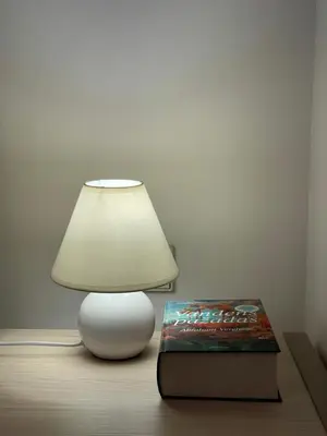 a lamp sitting on a table next to a box at Akva Apartament 1 in Druskininkai
