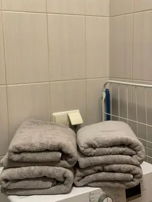 a pile of towels sitting on top of a sink at Akva Apartament 1 in Druskininkai