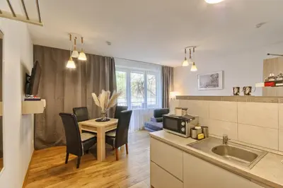a kitchen and living room with a table and chairs at Akva Apartament 1 in Druskininkai
