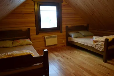 a bedroom with two beds in a log cabin at sodyba 