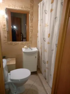 a bathroom with a toilet and a sink and a mirror at Taurus Apartments Vilnius in Vilnius