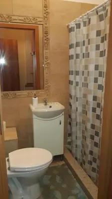 a bathroom with a toilet and a sink and a mirror at Taurus Apartments Vilnius in Vilnius