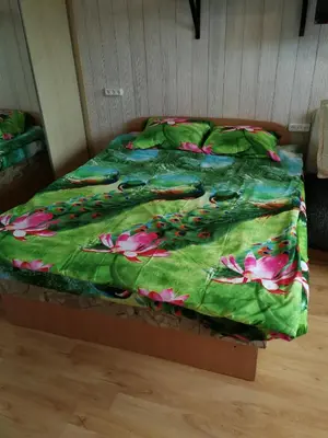 a bed with a green comforter with flowers on it at Flat, 1 room, study in Panevėžys