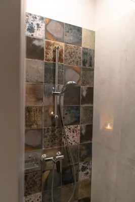 a shower in a bathroom with a tile wall at Mai Ram Yoga House in Vilnius