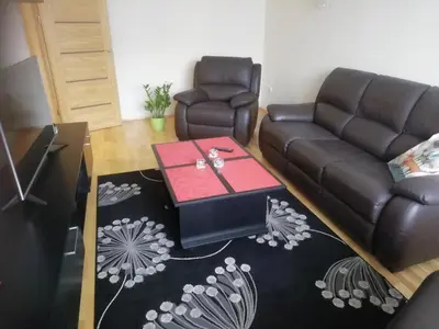 a living room with a couch and a table at Justinos Apartamentai Panevėžyje in Panevėžys