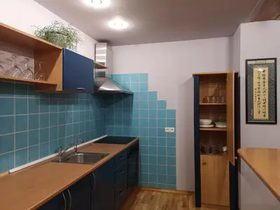 a kitchen with blue tiles on the wall and a sink at Park apartment in Kaunas