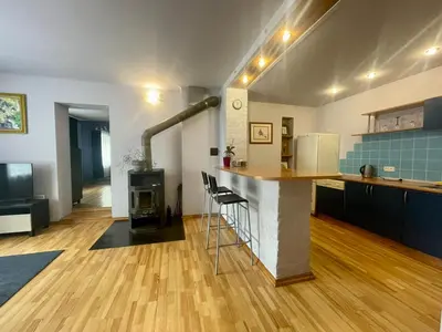 a kitchen and living room with a bar and a stove at Park apartment in Kaunas