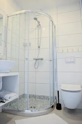 a glass shower in a bathroom with a toilet at Lofts - Kaunas airport in Karmėlava