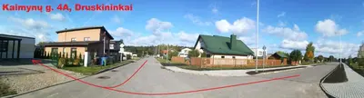 a rendering of a street with houses and a red line at Geras miegas in Druskininkai