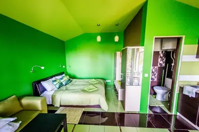 a green bedroom with a bed and a couch at VIP Green House of Hope for 2 in Leliūnai