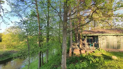 a cabin in the woods next to a river at VIP Yellow dream house Sodyba Geras geltona žalia raudona violetinė in Anykščiai