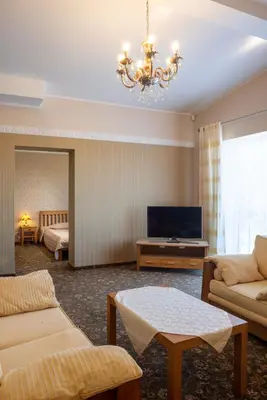a living room with a couch and a tv at Villa Alicante & SPA in Zujūnai