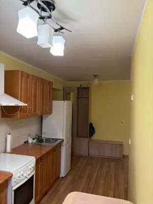 a kitchen with a white refrigerator and wooden cabinets at Jaukus butas in Anykščiai