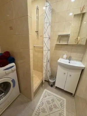 a bathroom with a washing machine and a sink at Jaukus butas in Anykščiai