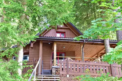 a wooden cabin in the woods with a porch at Vidūnų sodyba in Kuktiškės