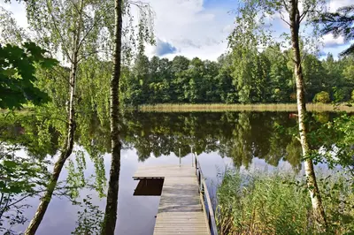 a dock on a lake with trees on the shore at Vidūnų sodyba in Kuktiškės