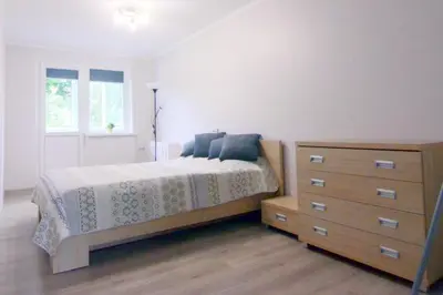 a bedroom with a bed and a dresser and a window at Apartamentai Domeva in Druskininkai