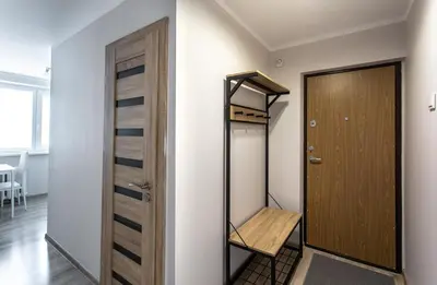 a walk in closet with a wooden door at Apartamentai Domeva in Druskininkai