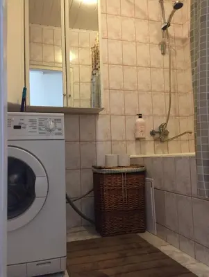 a kitchen with a washing machine in a bathroom at Old Town apartament in Šiauliai