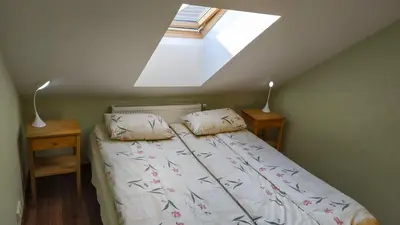 a bedroom with a bed and a skylight at Prie upes in Kunioniai