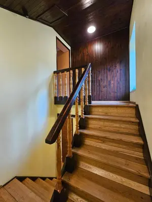 a staircase in a building with wooden walls and wooden floors at Prie upes in Kunioniai