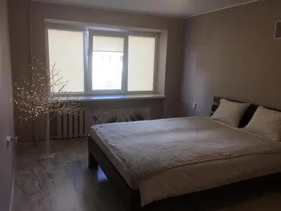 a bedroom with a large bed and a window at Anyksciu liuksas in Anykščiai