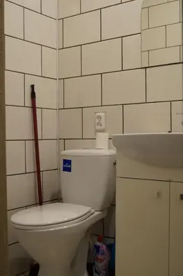 a white toilet in a bathroom with a red plunger at Anyksciu liuksas in Anykščiai