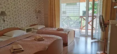 two beds in a hotel room with a balcony at Green Gile Villa in Druskininkai Center in Druskininkai
