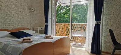 a bedroom with a bed and a large window at Green Gile Villa in Druskininkai Center in Druskininkai