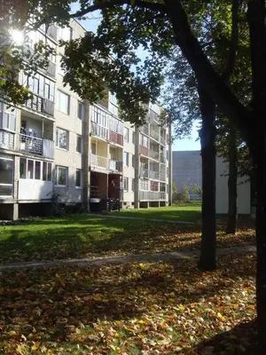 an apartment building with trees and leaves in the grass at City apartment Anykščiai in Anykščiai