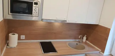a kitchen with a sink and a microwave at City apartment Anykščiai in Anykščiai