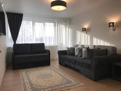 a living room with two black couches and a rug at Crystal Grey in Druskininkai