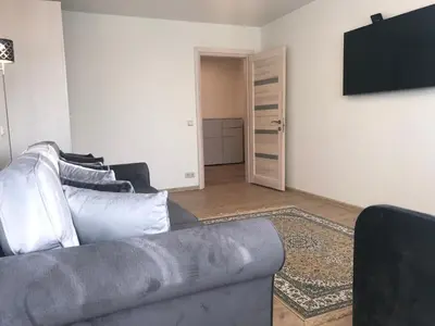 a living room with a couch and a flat screen tv at Crystal Grey in Druskininkai