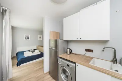 a kitchen with a washer and dryer in a room at City break. Center in Kaunas